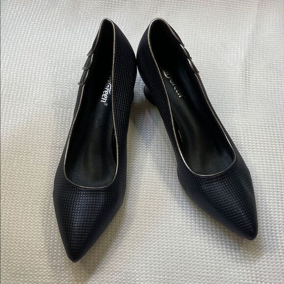 Kay Green Navy Textured Leather Pumps with Gold Sculpture Block Heel Sz 10 - Picture 1 of 12